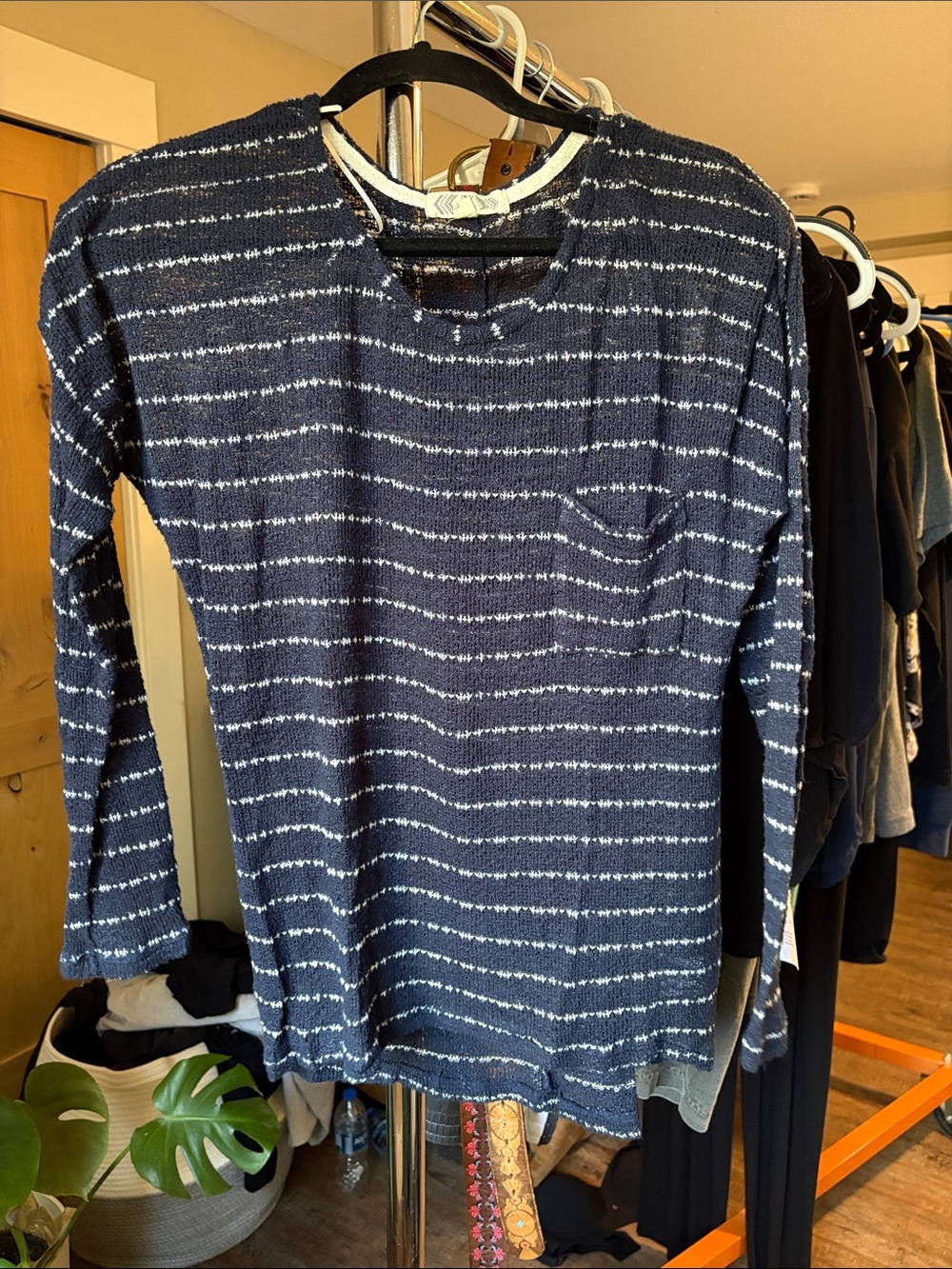 Pink Rose Navy and White Striped Long-Sleeve Pocket Tee
